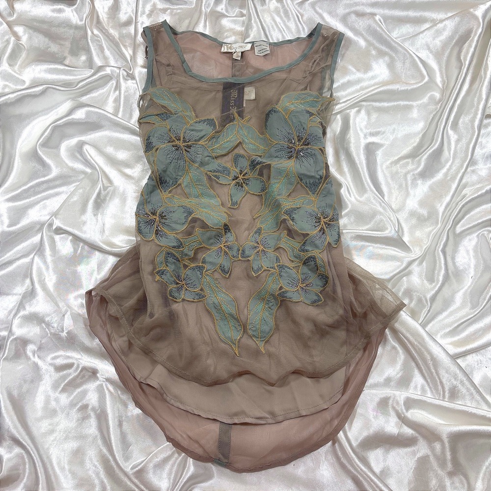 y2k Tank Top Taupe NEW Miss Me Floral Beaded Mesh Sheer Sleeveless Blouse S